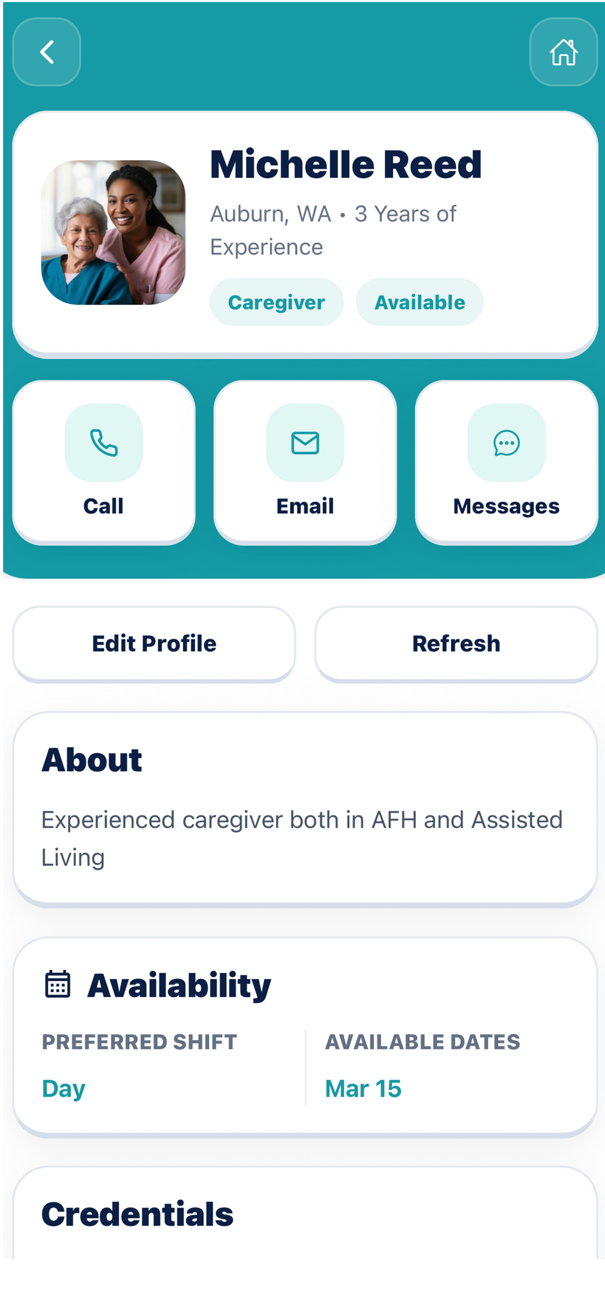 Caregiver profile screenshot