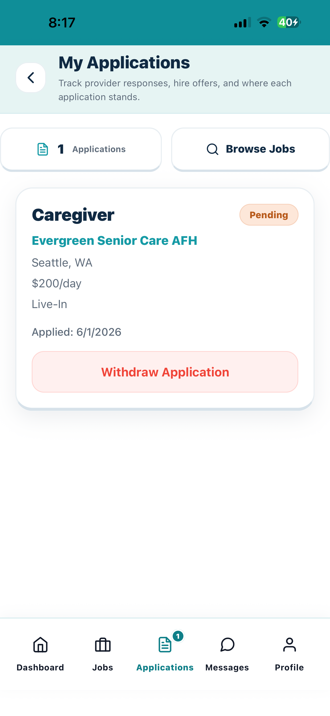 Current Cytrea caregiver application tracking screen with pending application status