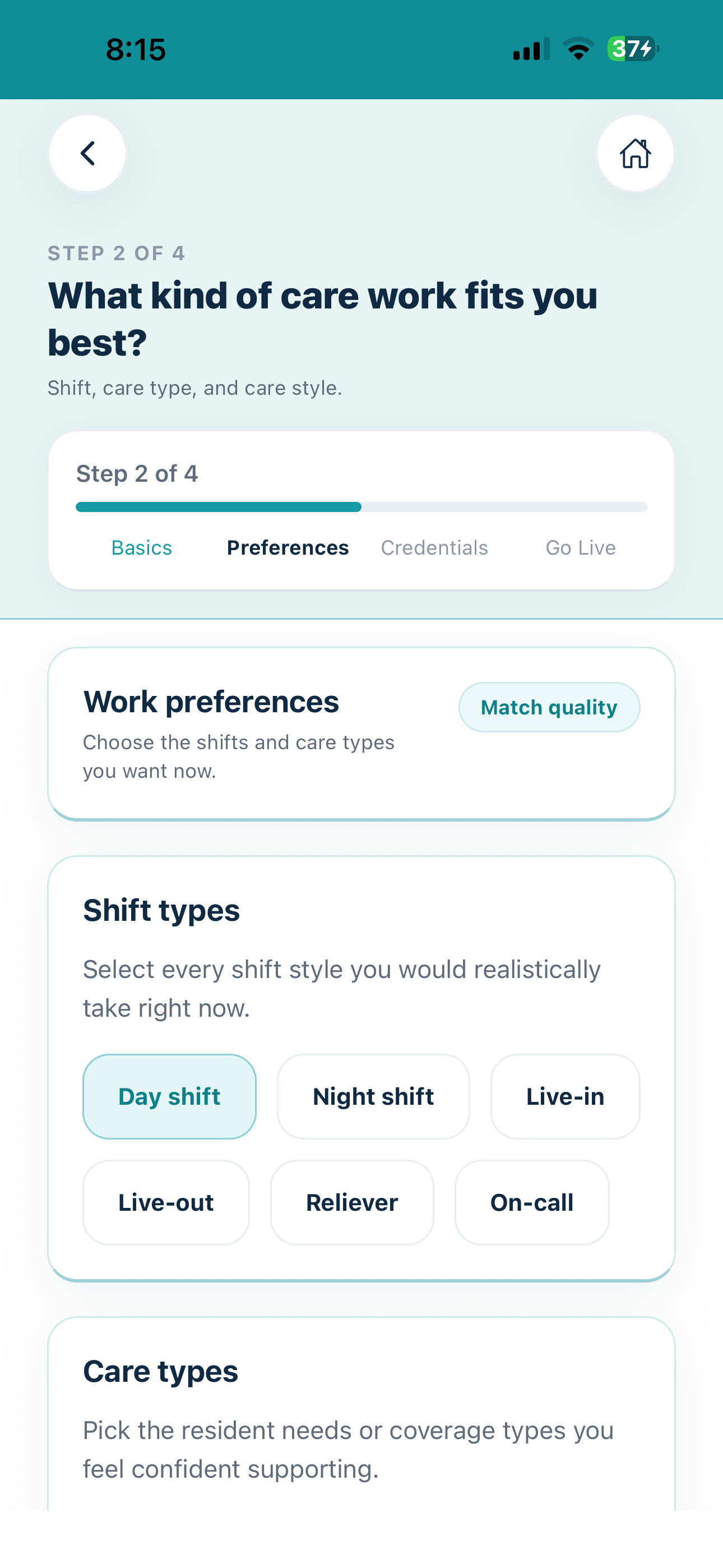 Current Cytrea caregiver work preferences and profile building screen