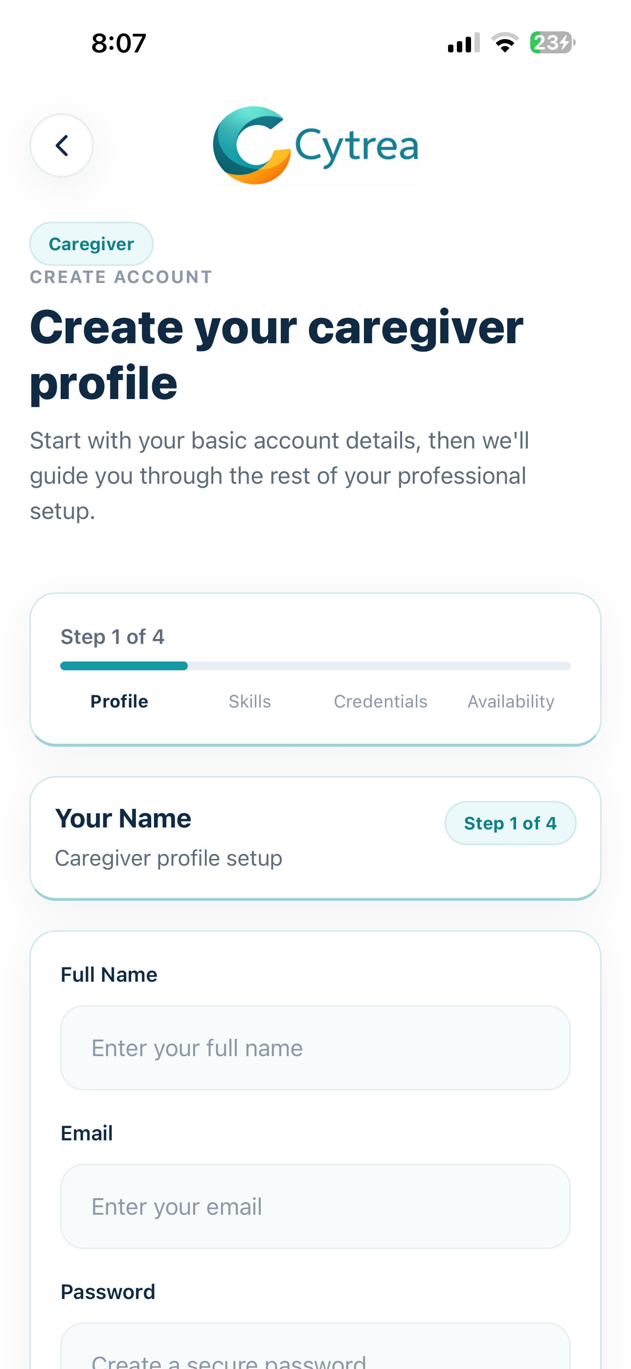 Current Cytrea caregiver profile setup screen