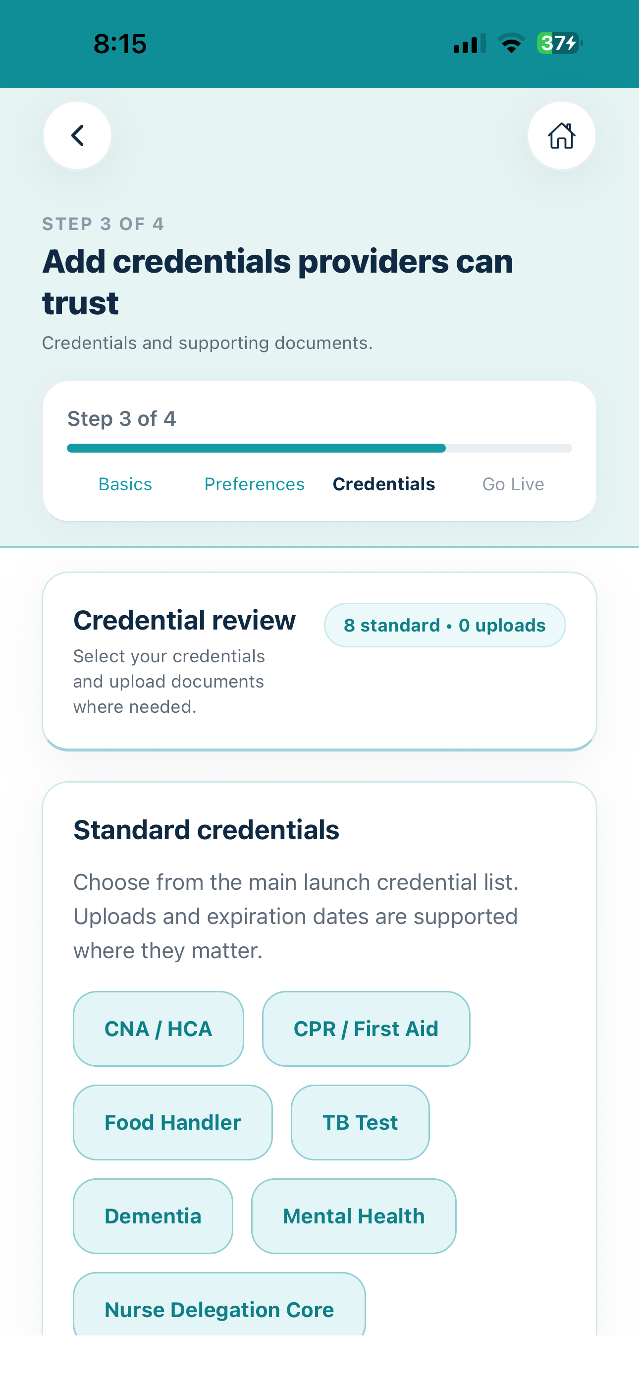 Current Cytrea caregiver credentials upload screen with credential review