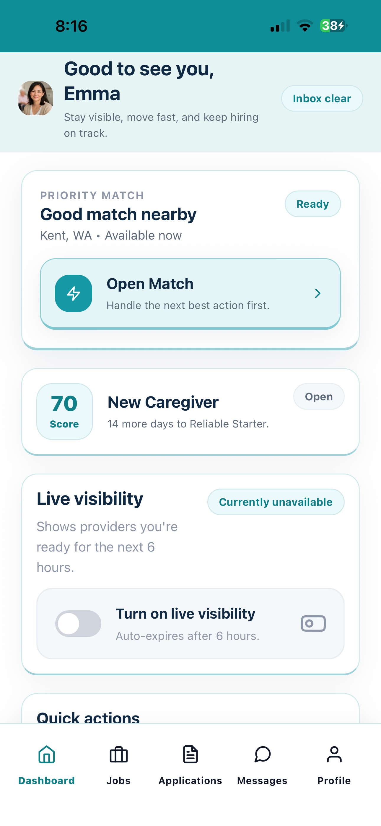 Current Cytrea caregiver dashboard screen with profile and availability actions