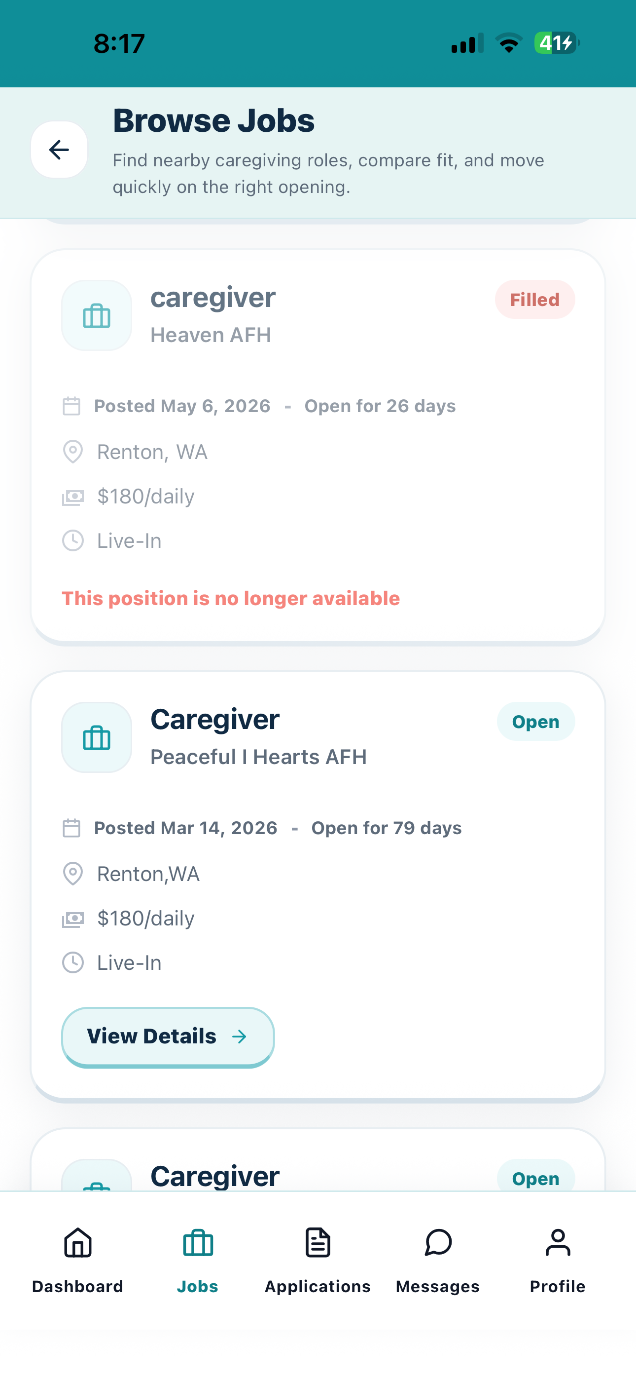 Current Cytrea caregiver browse jobs screen with daily pay and open opportunities