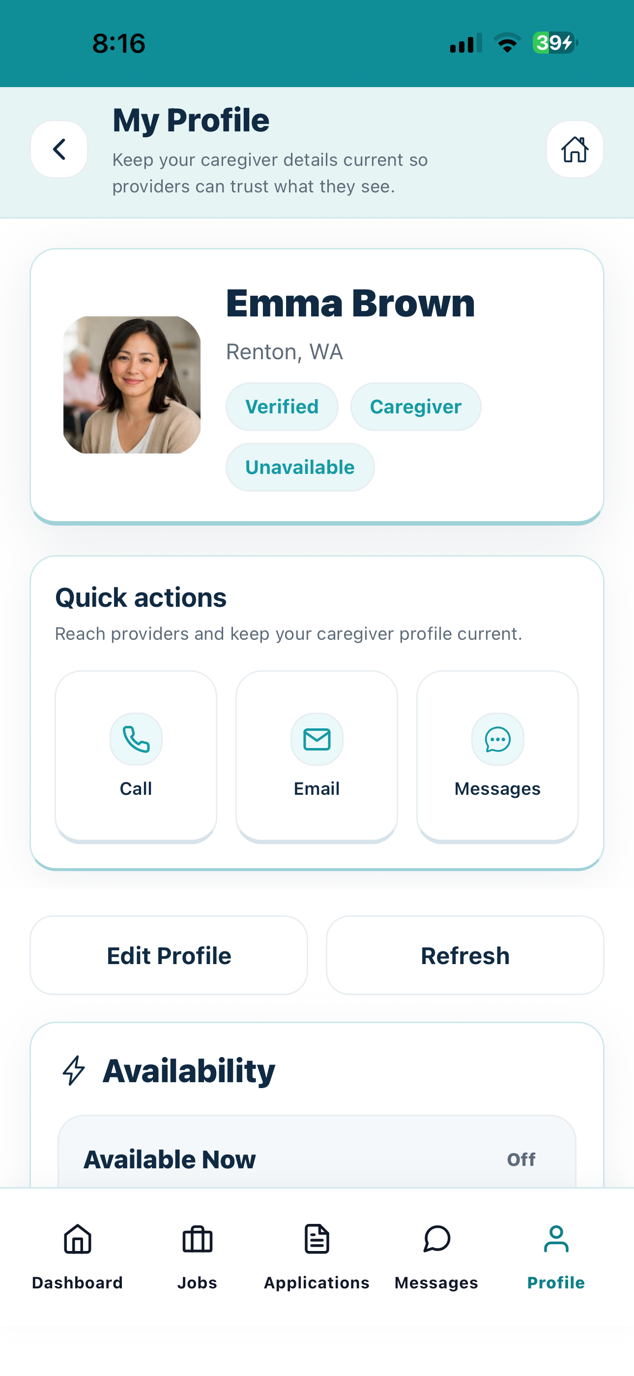 Current Cytrea caregiver availability setup screen with profile and availability controls