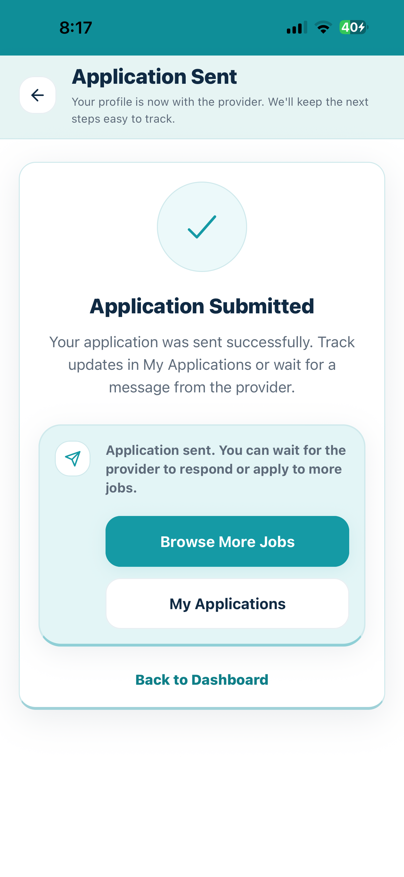Current Cytrea caregiver job application submission screen