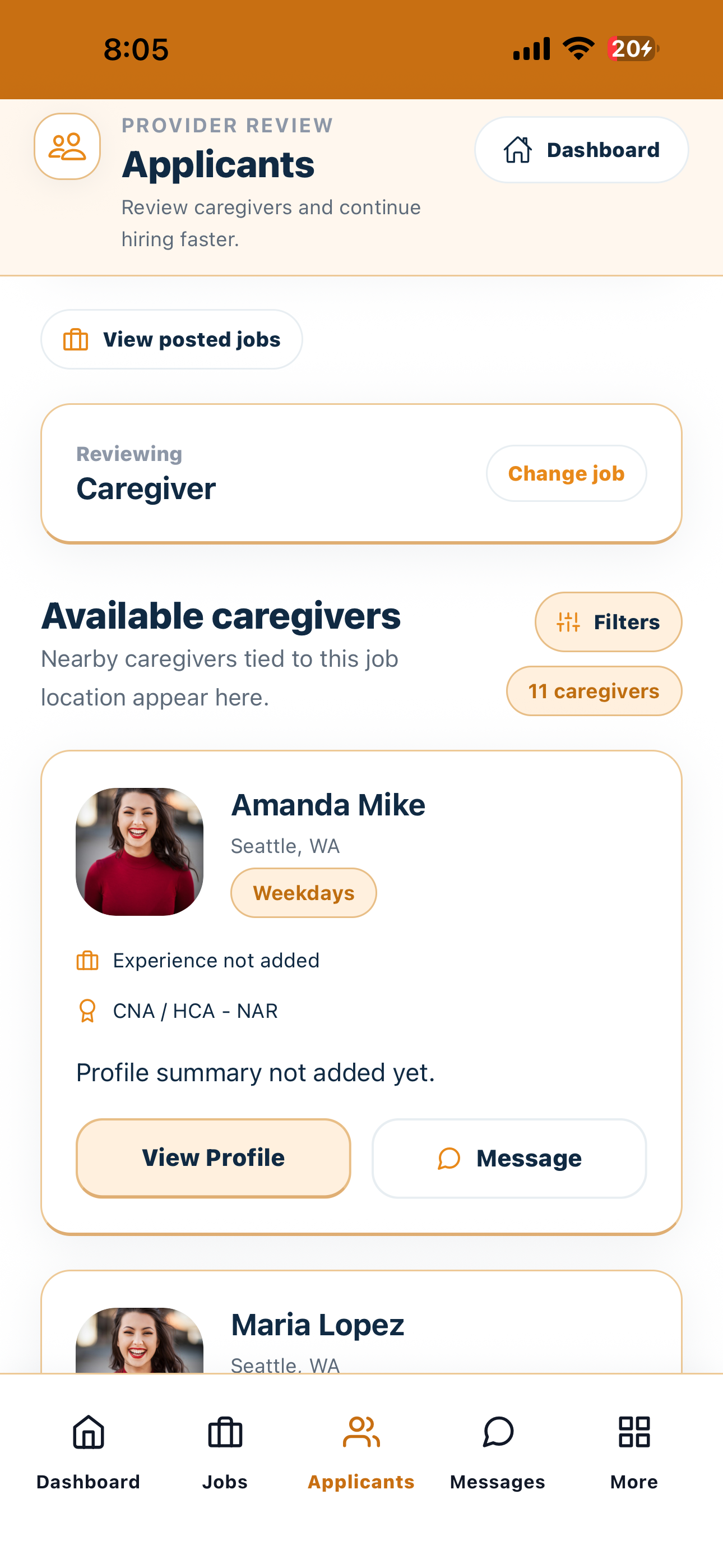 Current Cytrea provider applicant review screen with caregiver profile actions