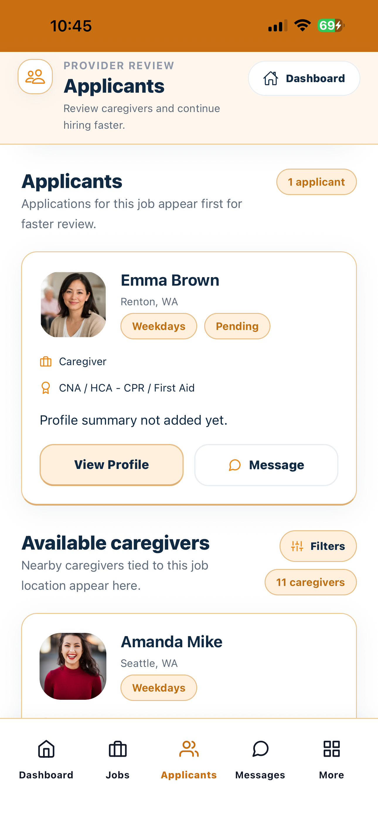 Current Cytrea provider candidate profile screen for checking caregiver details