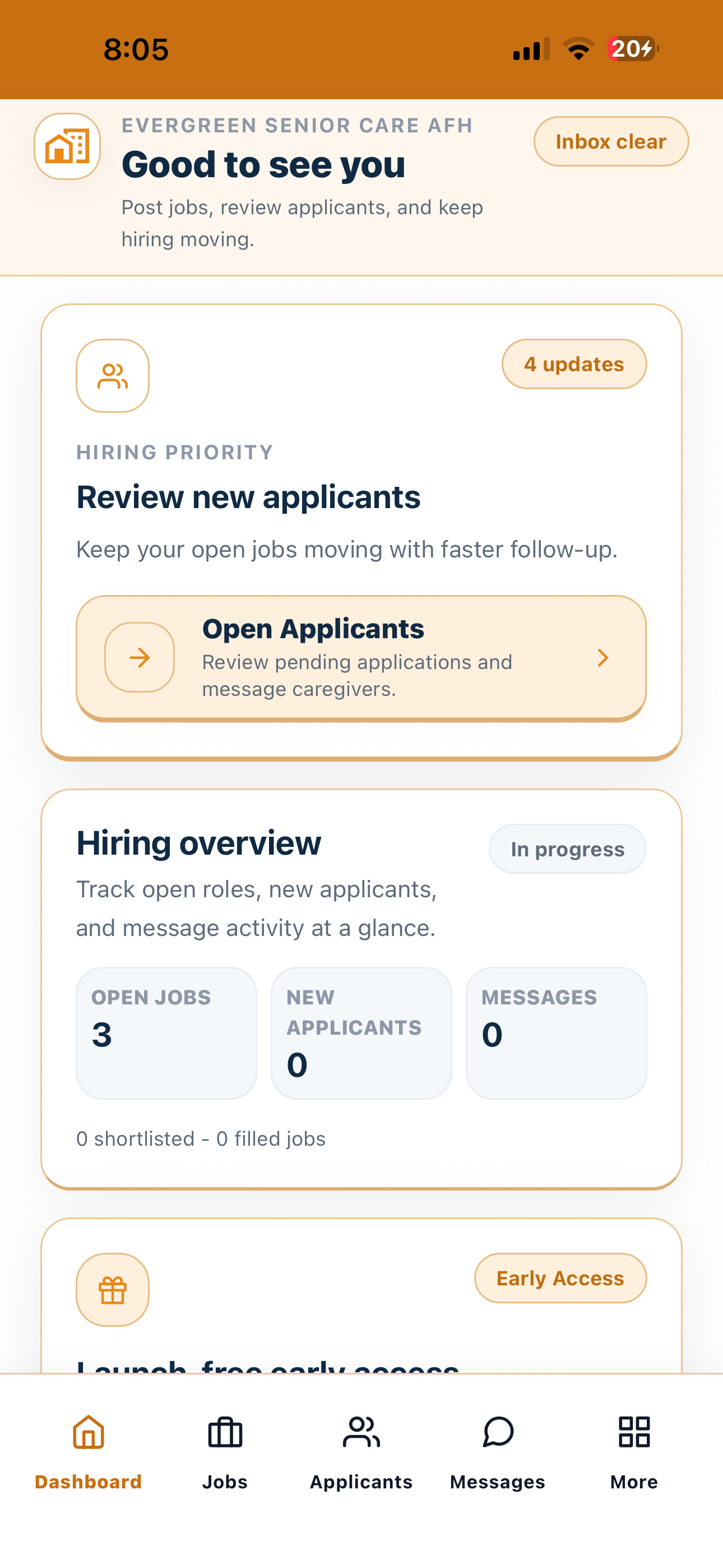 Current Cytrea provider dashboard showing hiring overview and applicant priority cards