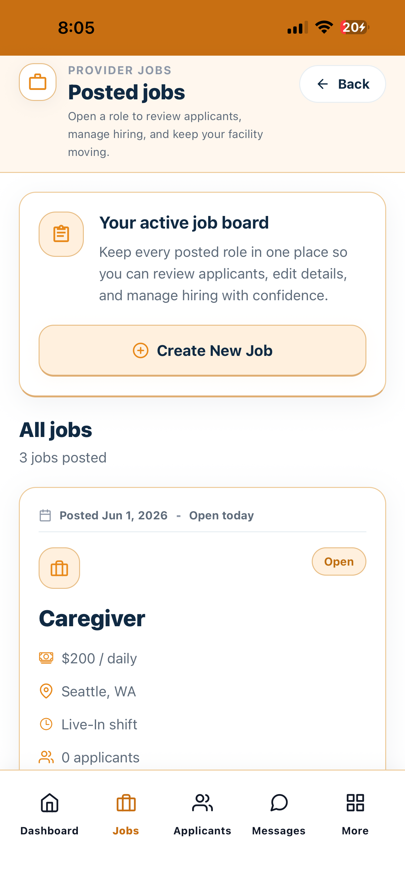 Current Cytrea provider posted jobs screen with daily pay and active job board