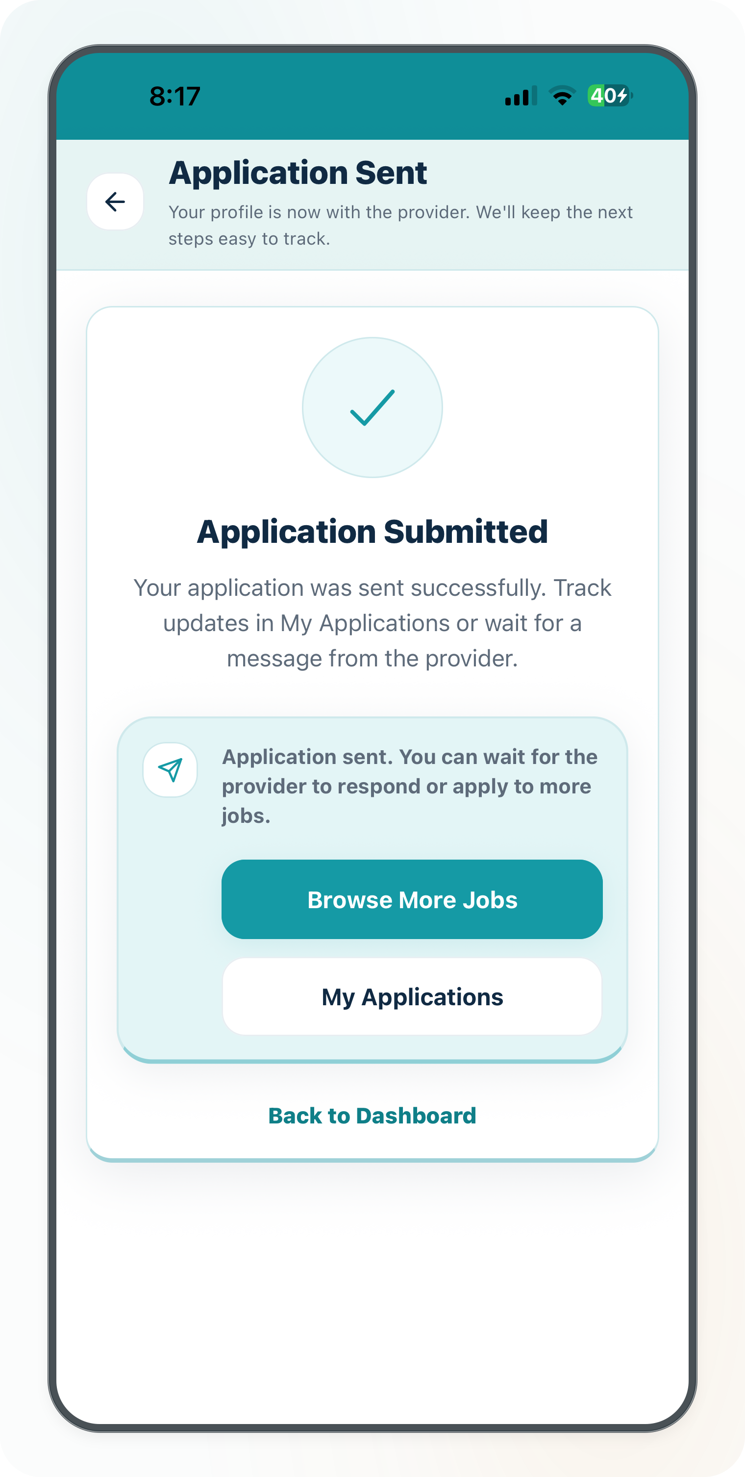 Current Cytrea caregiver job application submission screen