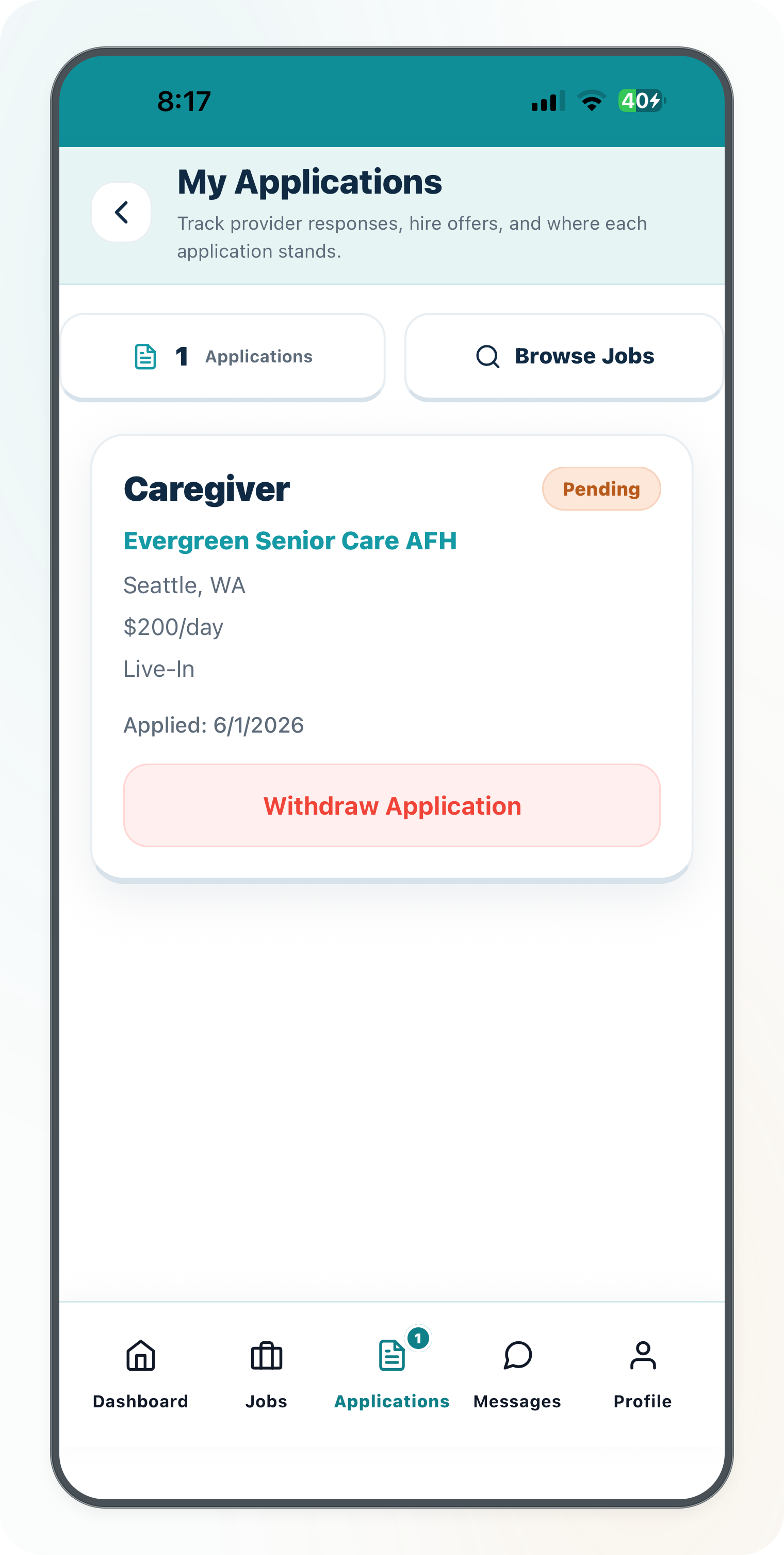 Current Cytrea caregiver application tracking screen with pending application status