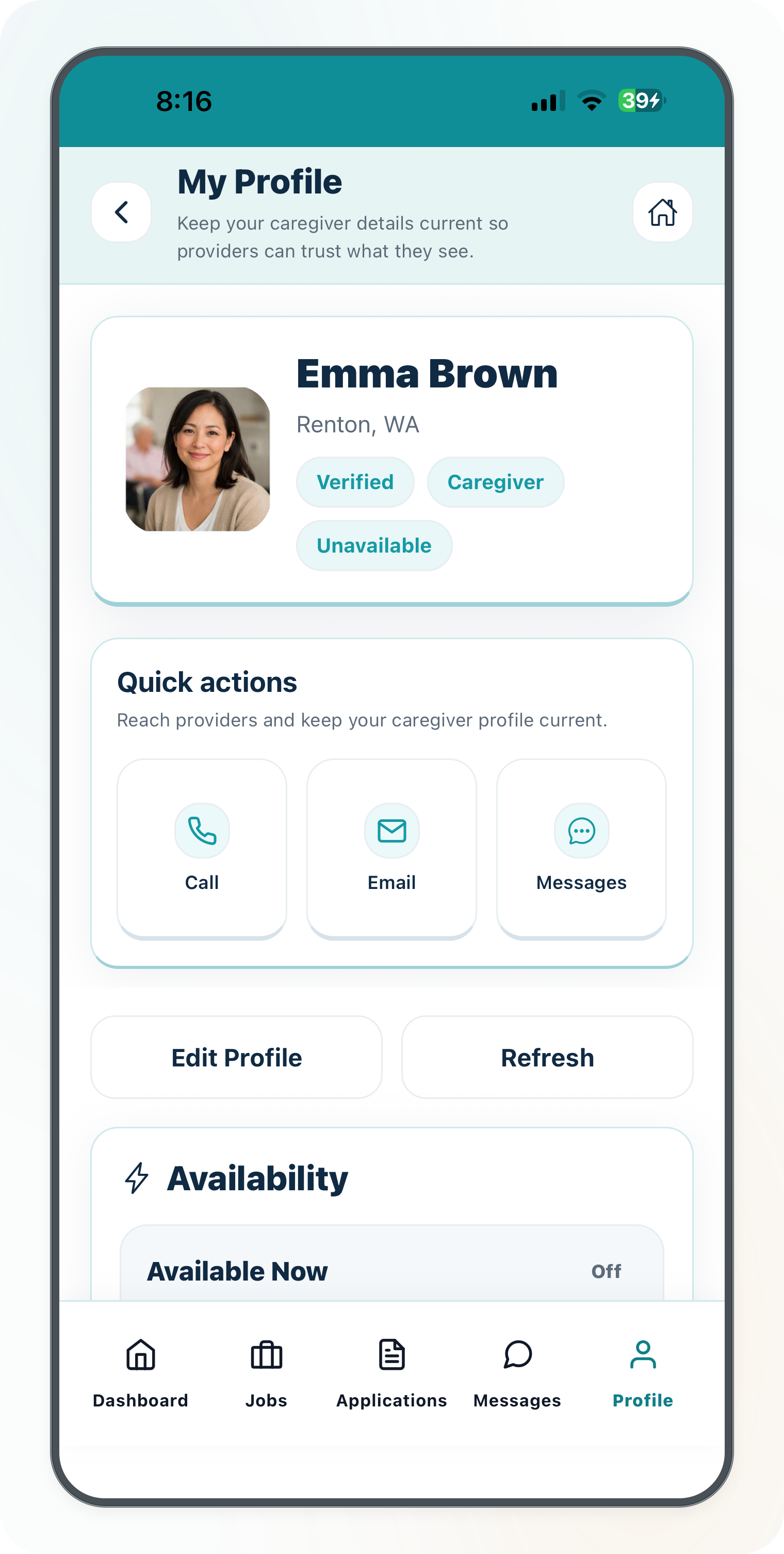 Current Cytrea caregiver availability setup screen with profile and availability controls