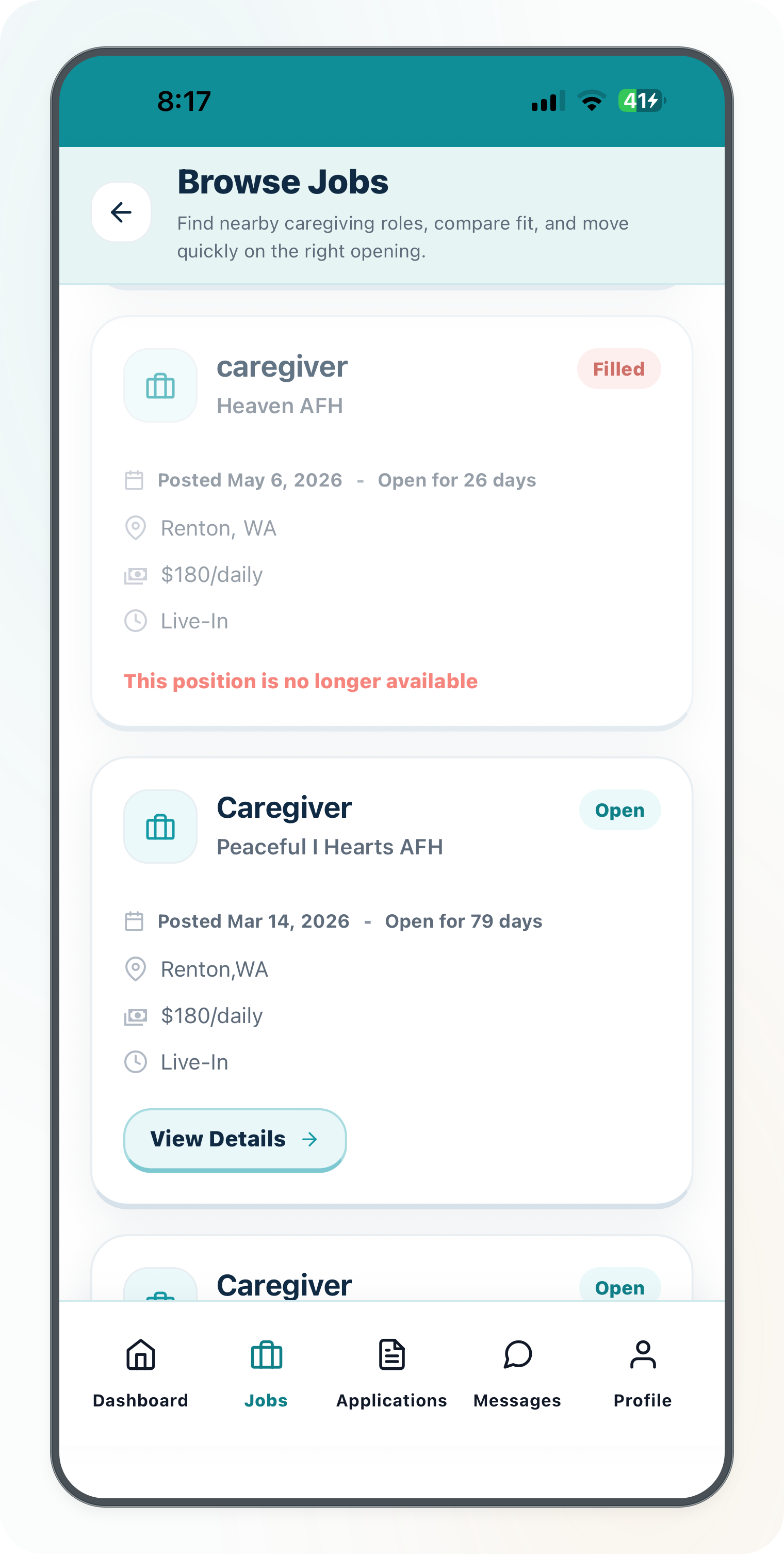 Current Cytrea caregiver browse jobs screen with daily pay and open opportunities