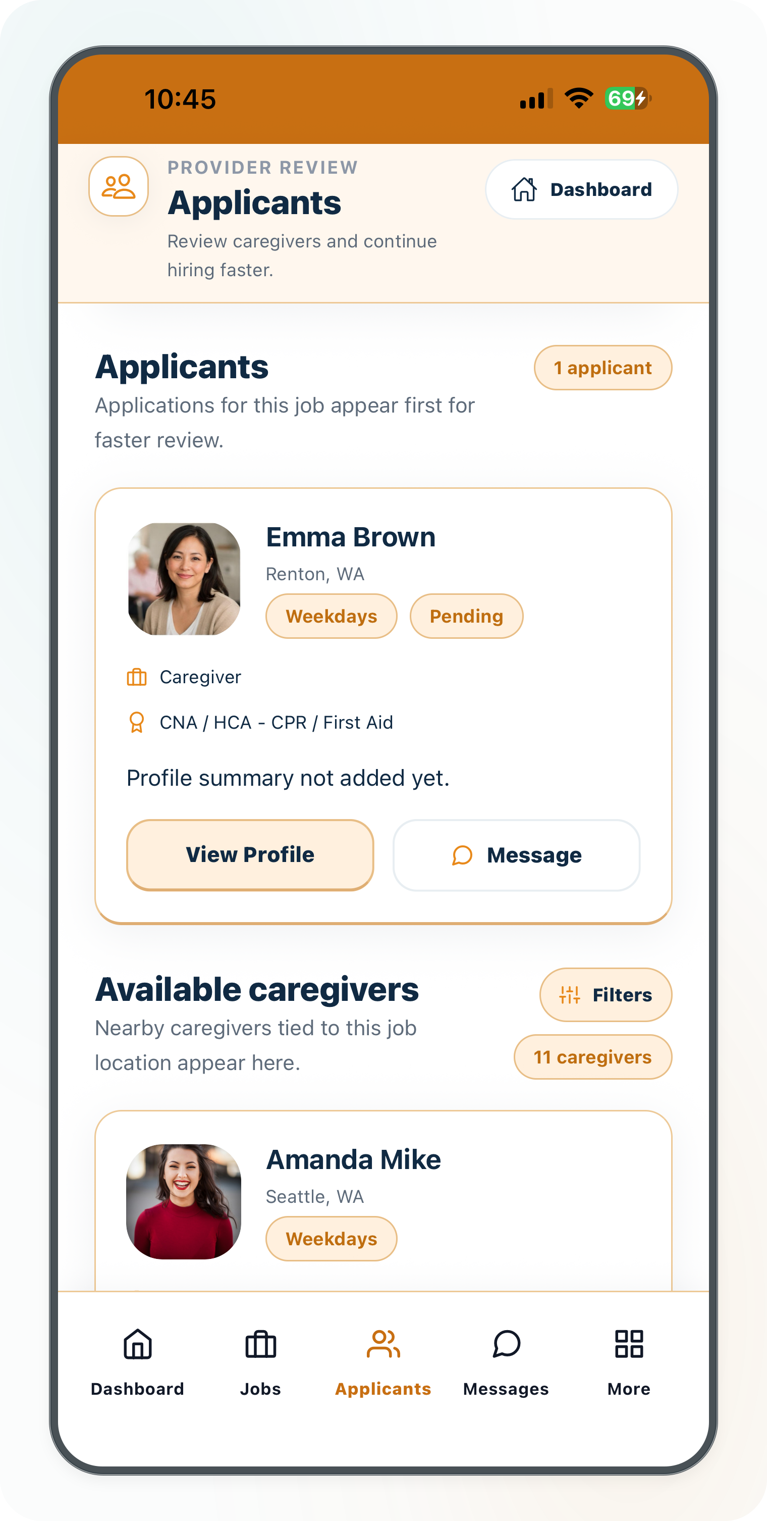 Current Cytrea provider candidate profile screen for checking caregiver details