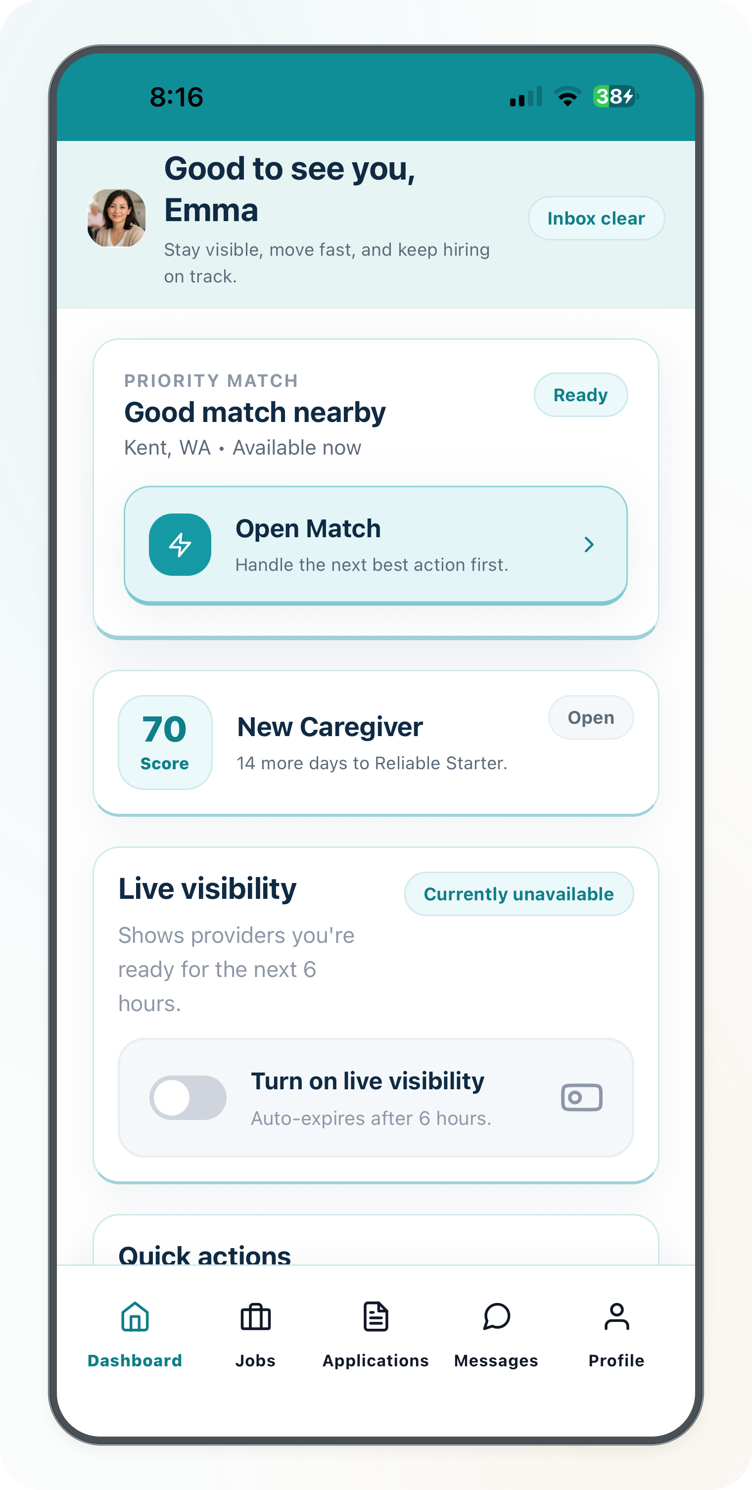 Cytrea caregiver dashboard showing profile status, quick actions, and availability