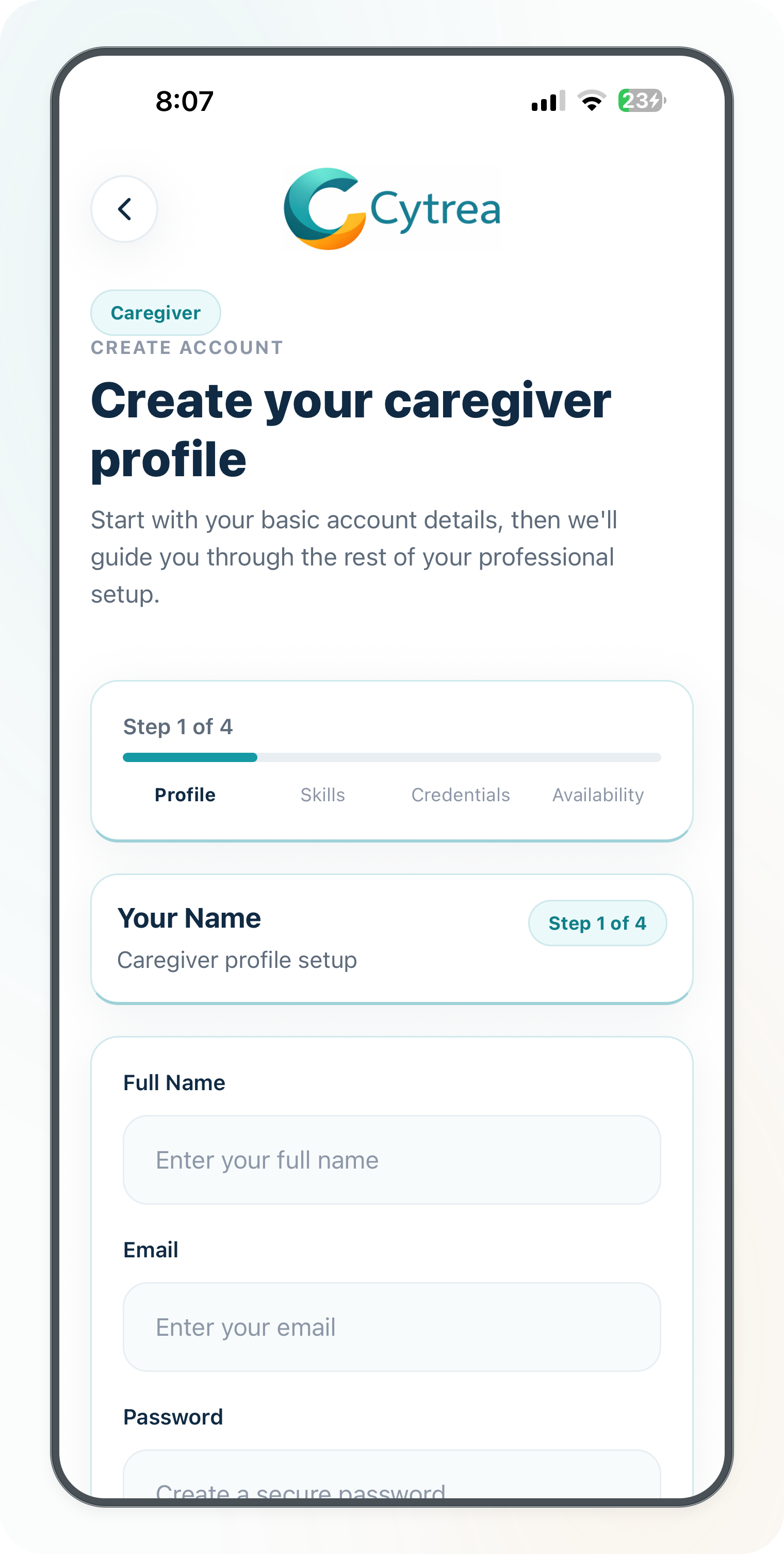 Current Cytrea caregiver profile setup screen