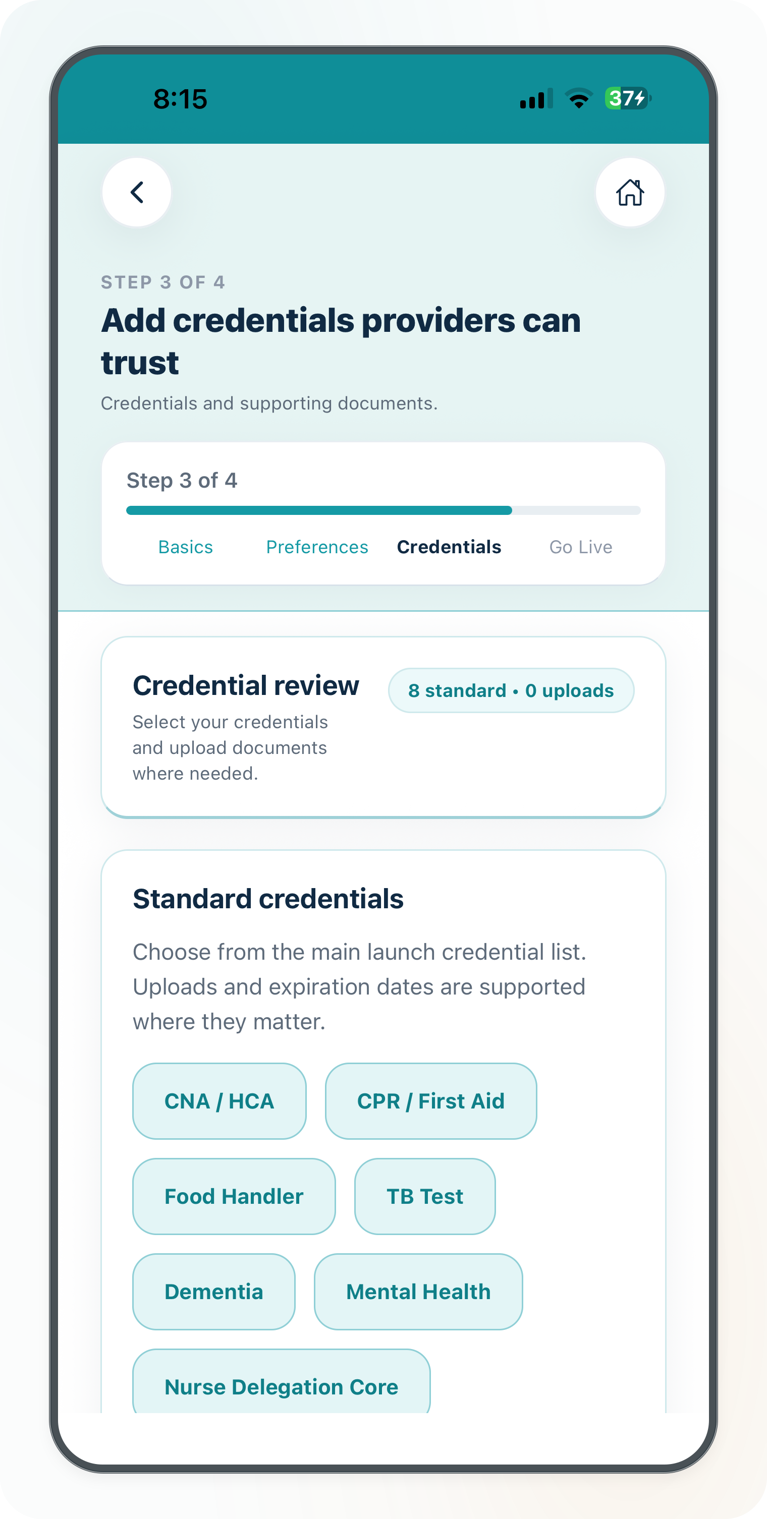 Current Cytrea caregiver credentials upload screen with credential review