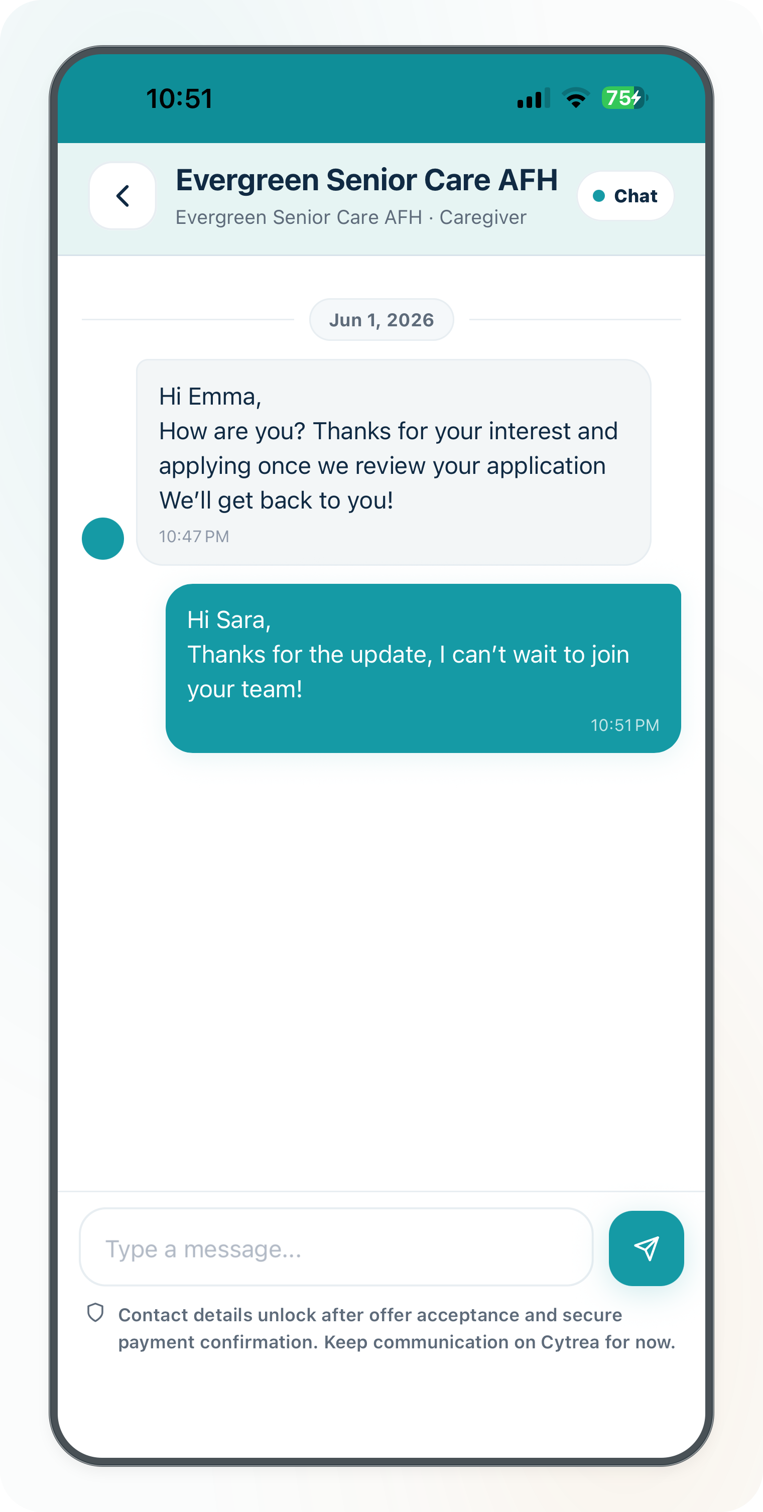 Current Cytrea caregiver messaging screen for provider conversations