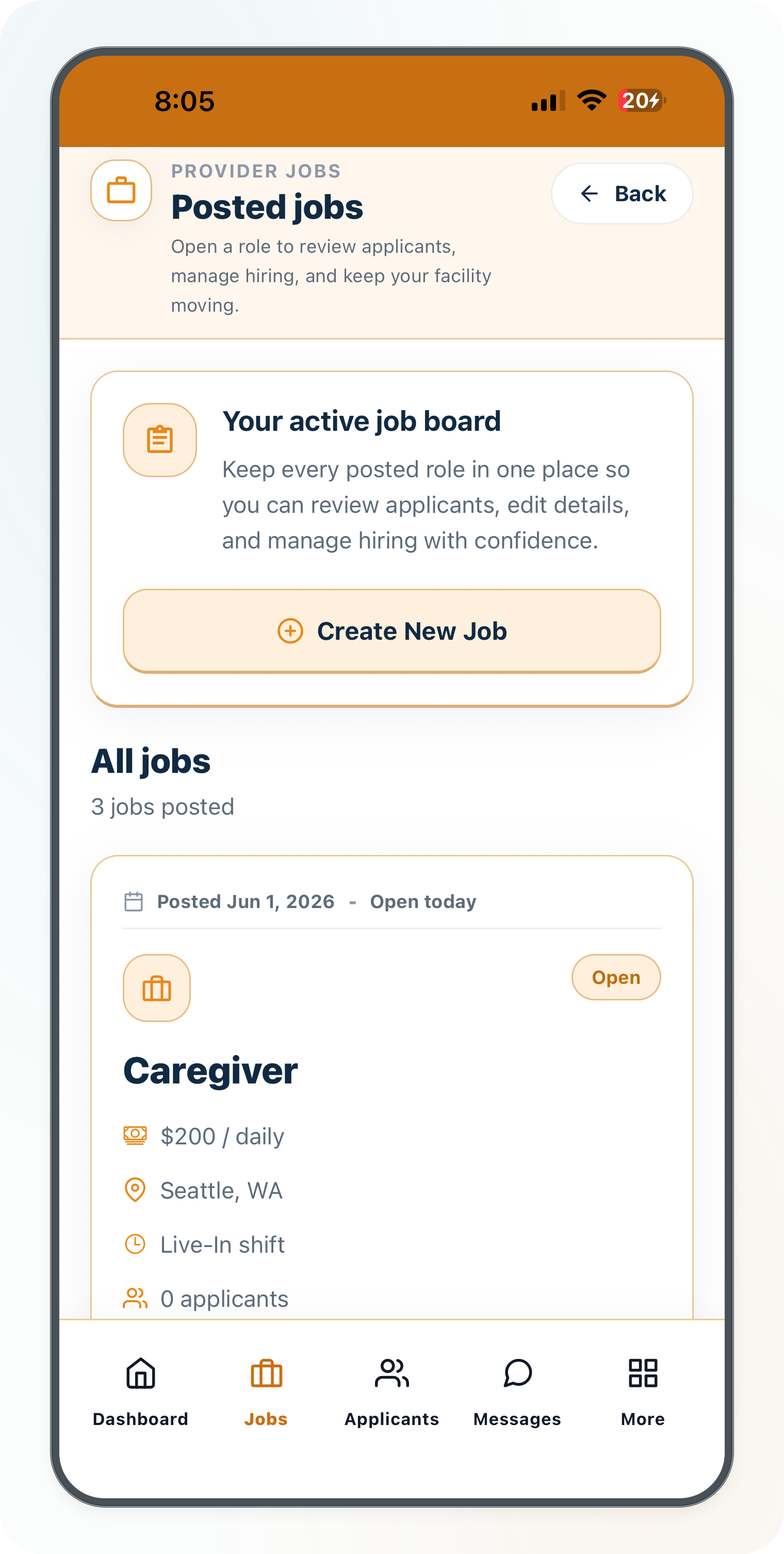 Current Cytrea provider posted jobs screen with daily pay and active job board