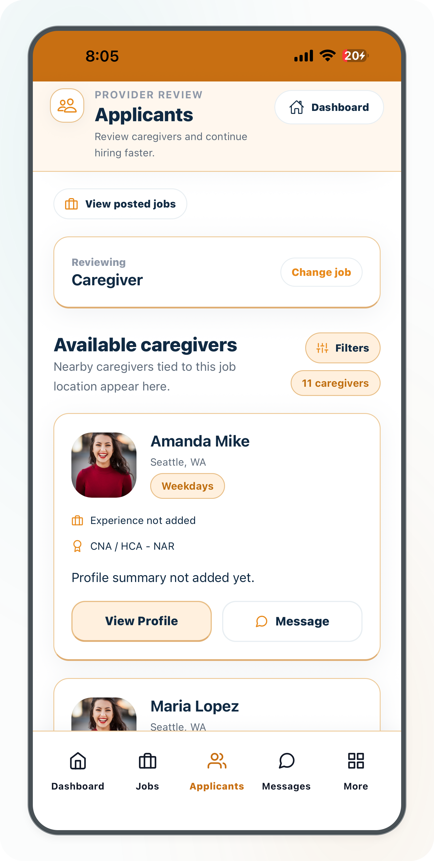 Current Cytrea provider applicant review screen with caregiver profile actions