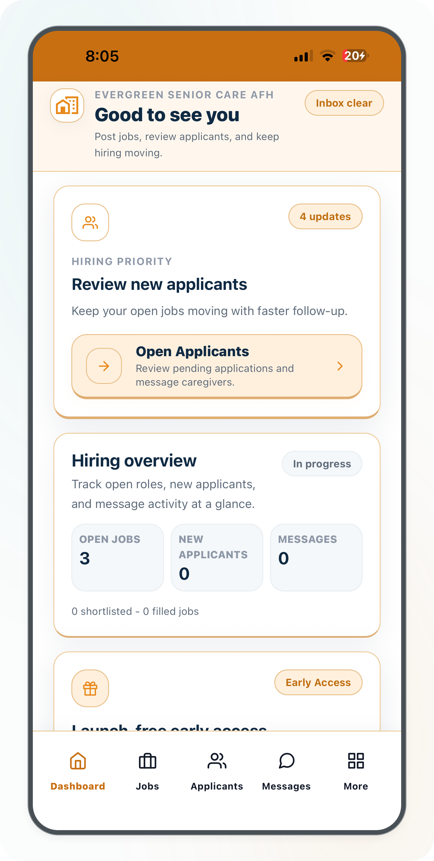 Cytrea provider dashboard showing hiring priorities, open jobs, applicant counts, and messages