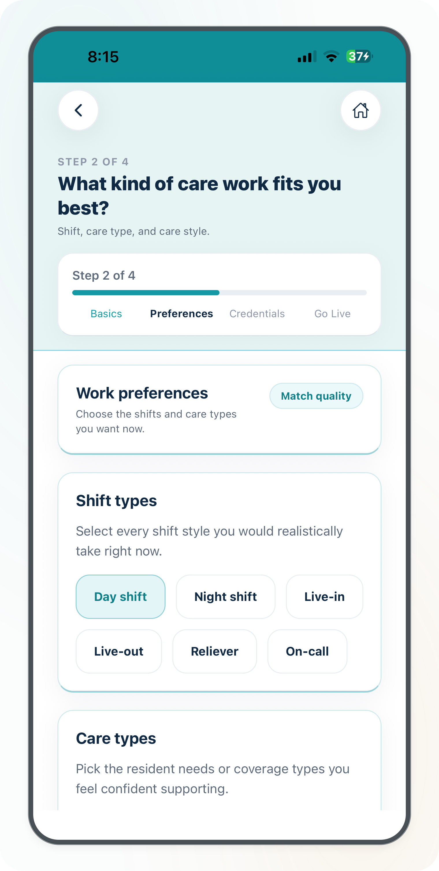 Current Cytrea caregiver work preferences and profile building screen