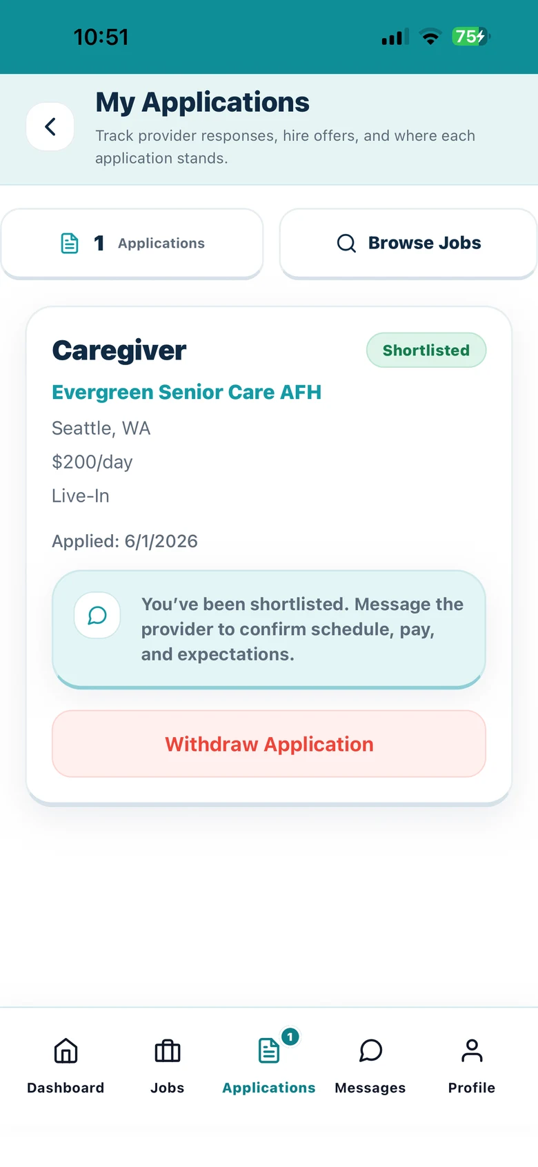 Caregiver application status