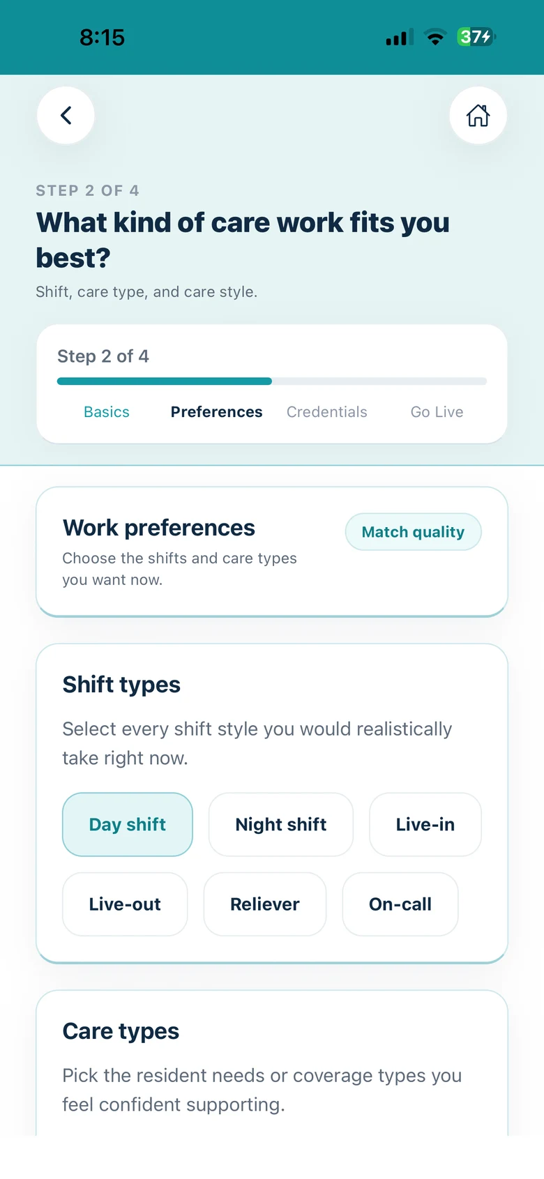 Cytrea caregiver work-preferences setup