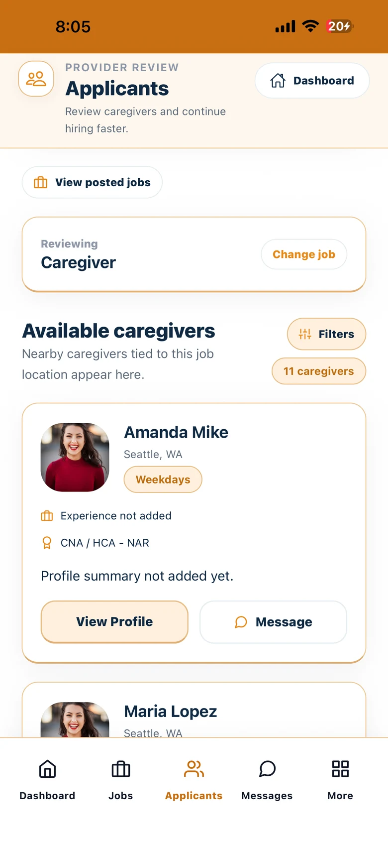 Available caregivers with View Profile actions