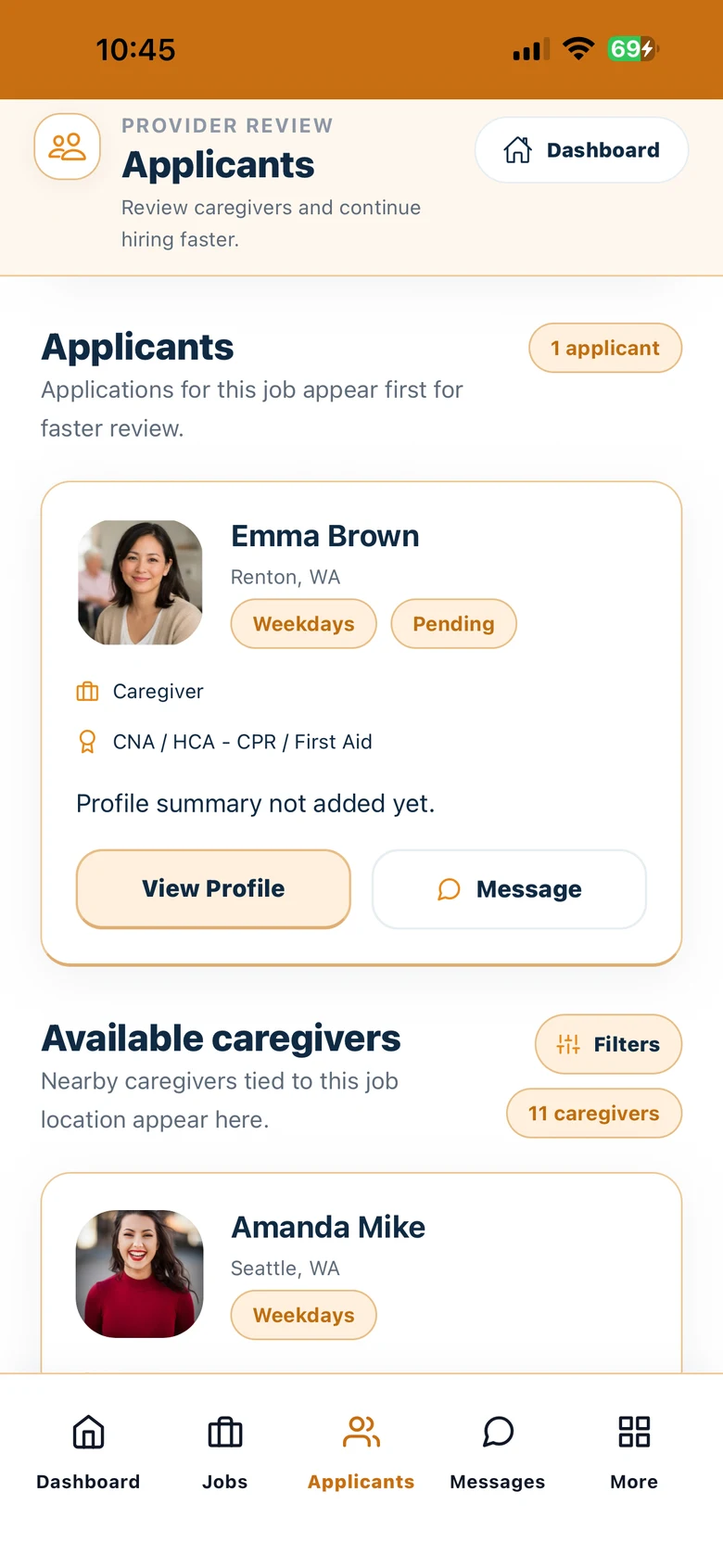 Provider applicant list with profile and messaging actions